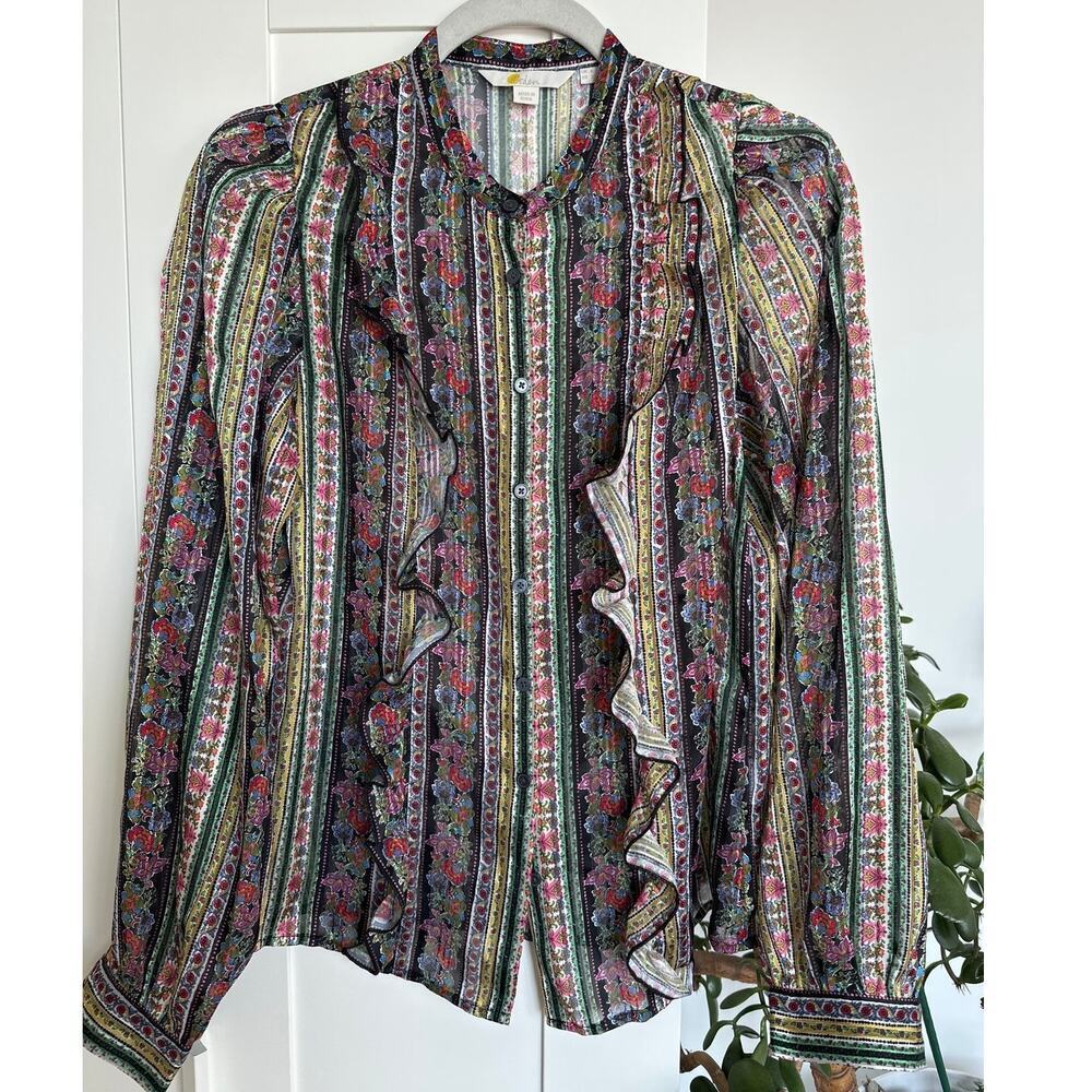 Boden Ruffle Printed Shirt Multi, Carnation Bloom Metallic Women's US 2, EUC
